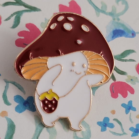 Adorable Smiling Mushroom Wearing A Strawberry Purse Enamel Pin - Picture 2 of 10